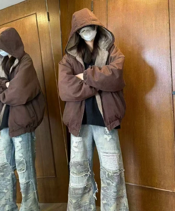 

Winter Coat New Women Cotton Jacket American Retro Style Jacket Hip Hop Pleated Design Parka