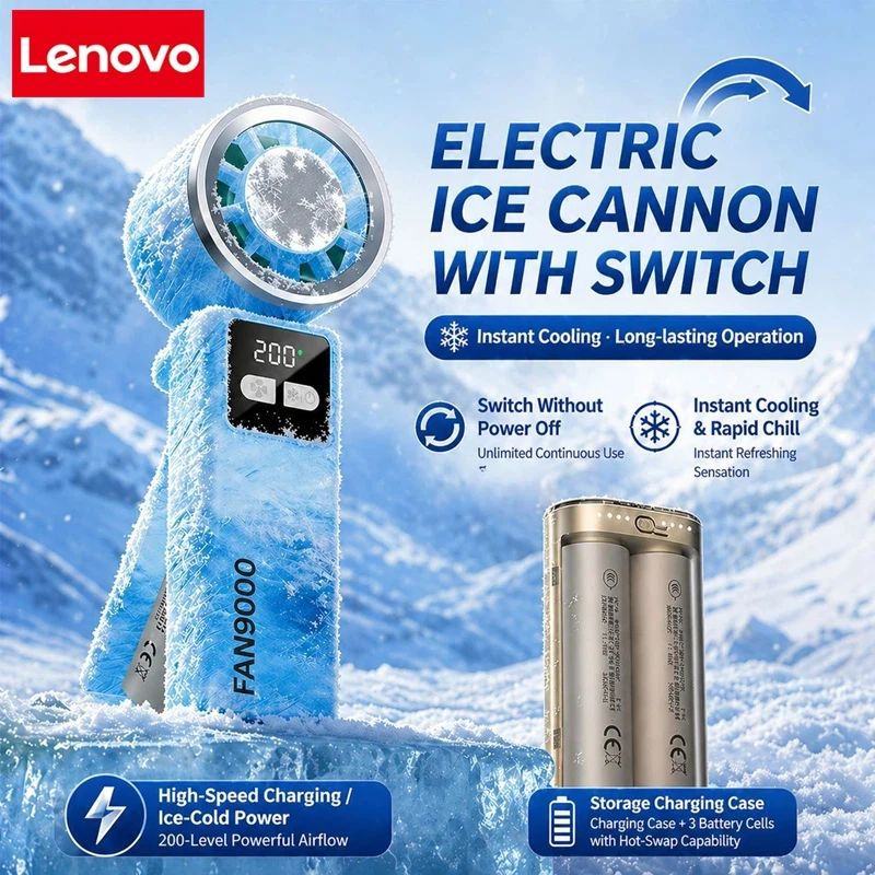 Lenovo Refrigeration Handheld Electric Fan Portable Desktop Outdoor USB Digital Display High-speed Fan Folding Neck Hanging