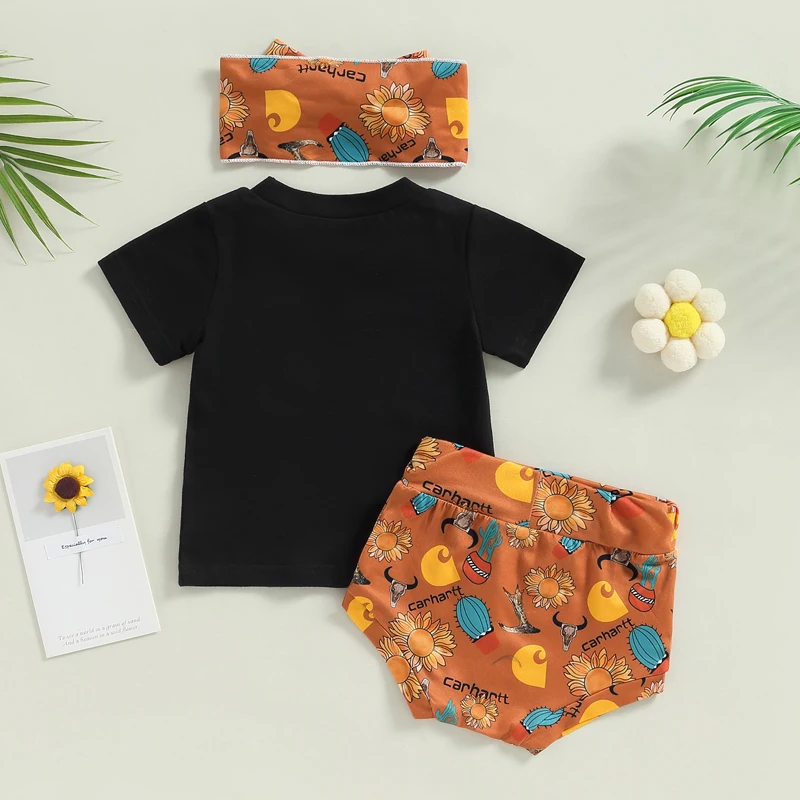 

Infant Girls Outfits Summer Letter Print Short Sleeve T-shirt and Stretchy Sunflower Print Shorts Headband Set