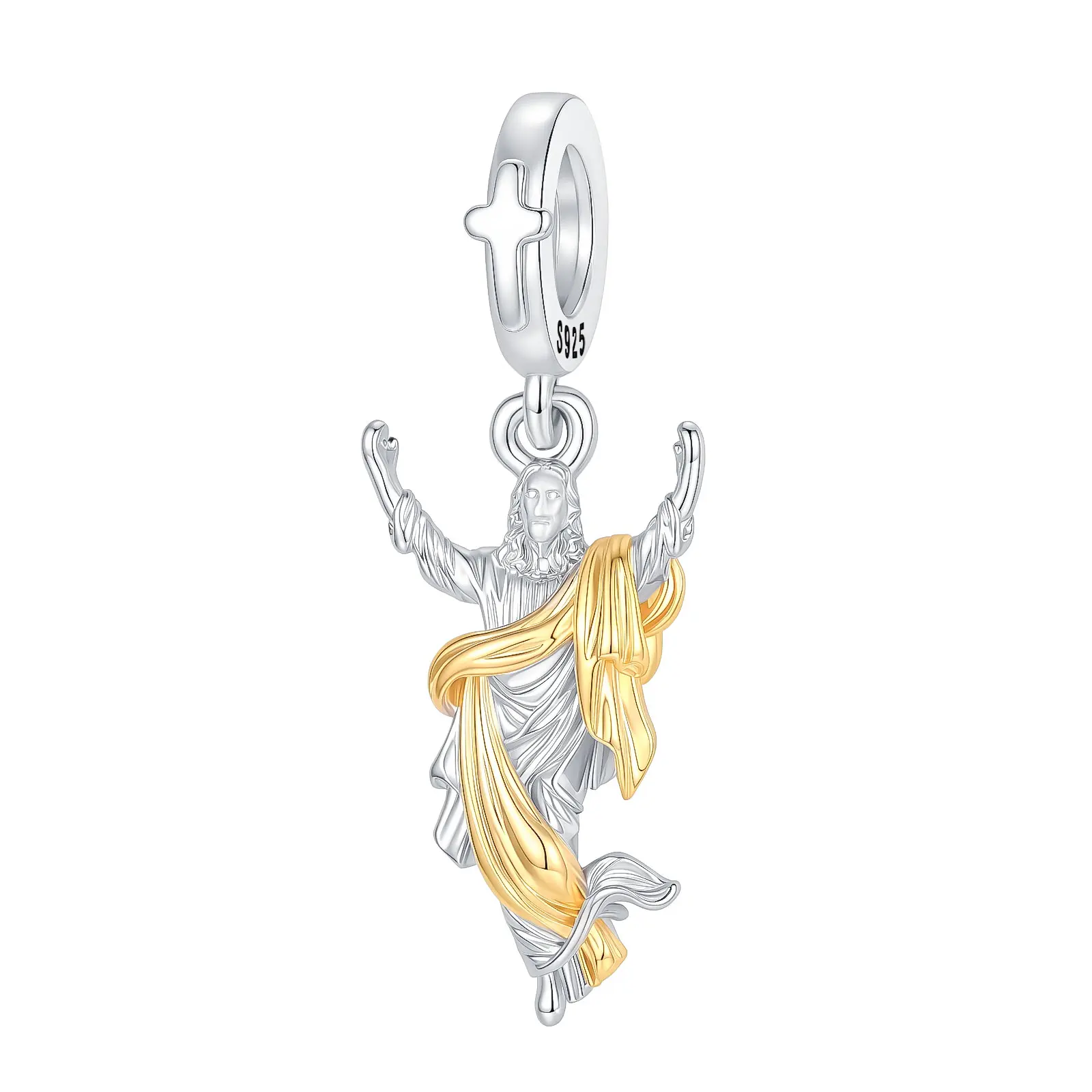925 Sterling Silver Jesus Christ Dangle Charm Two-tone Gold Plated Cross Pendant Fit Bracelet Faith Hope Protection Jewelry Gift