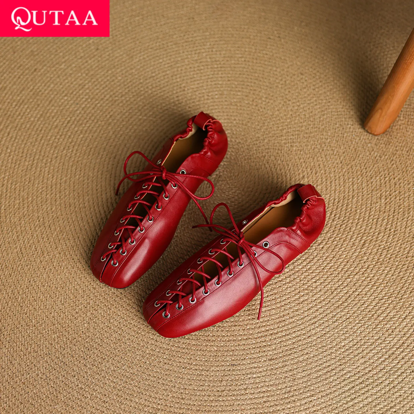 

QUTAA 2026 Fashion Women Flats Shoes Summer Lace Up Heel Spring Sexy Cow leather Comfortable Round Toe Shoes Dress Woman 34-40