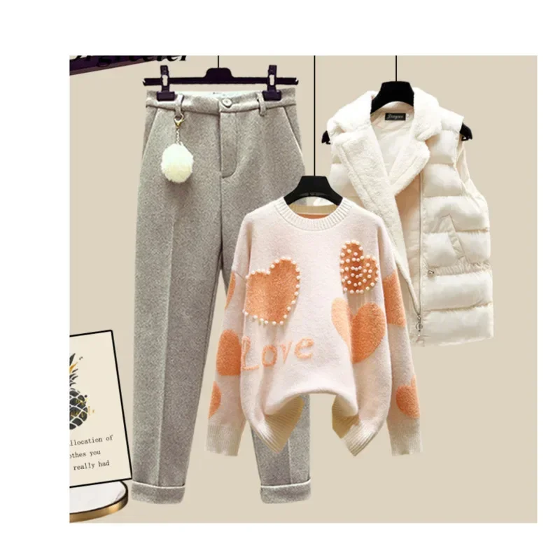 Autumn Winter New Warm Sweater 3 Piece Set Women Korean Fashion Heart-shaped Beaded Sweater +Lamb Wool Vest +Pants Suits N577