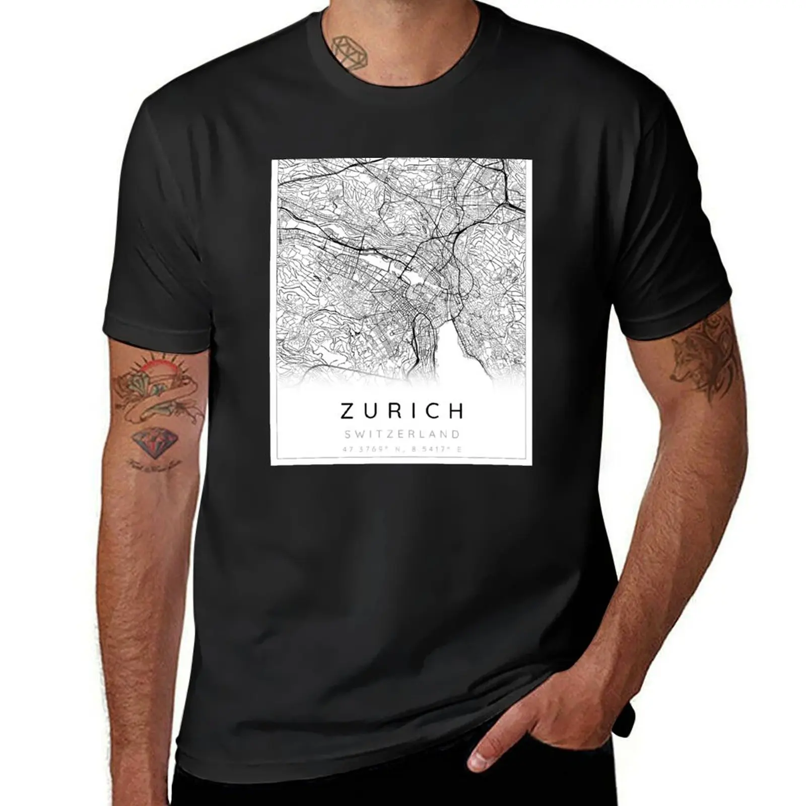 Zurich map minimalist in black and white T-Shirt new edition sports fans mens plain t shirts