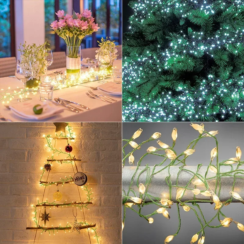 Green Cluster Natal Garland String Lights, Decoração ao ar livre, Jardim interior Tree Plug, Decoração de iluminação de férias, Casamento, 220V, 18m