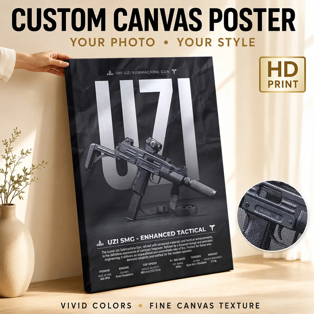 Black Uzi Submachine Gun Tactical Framed Canvas Print Poster Personalized Photo Gallery Aesthetic Canvas Wall Art Office Decor