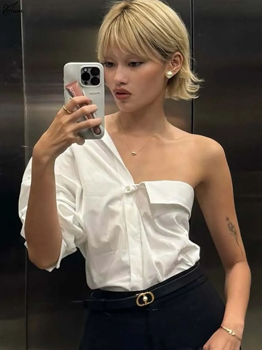 

Oymimi Fashion White Cotton Woman Blouses Casual Turn-Down Collar Half Sleeve One-Shoulder Blouses Summer Single Breasted Shirts