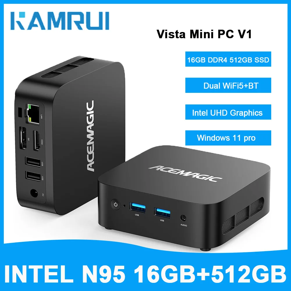 Mini PC KAMRUI Windows 11 Pro Intel N95 do 3,4 GHz 16 GB DDR4 512 GB PCIe M.2 SSD do 3,4 GHz UHD 4K HDMI DP Dual Wi-Fi 5 Micro PC