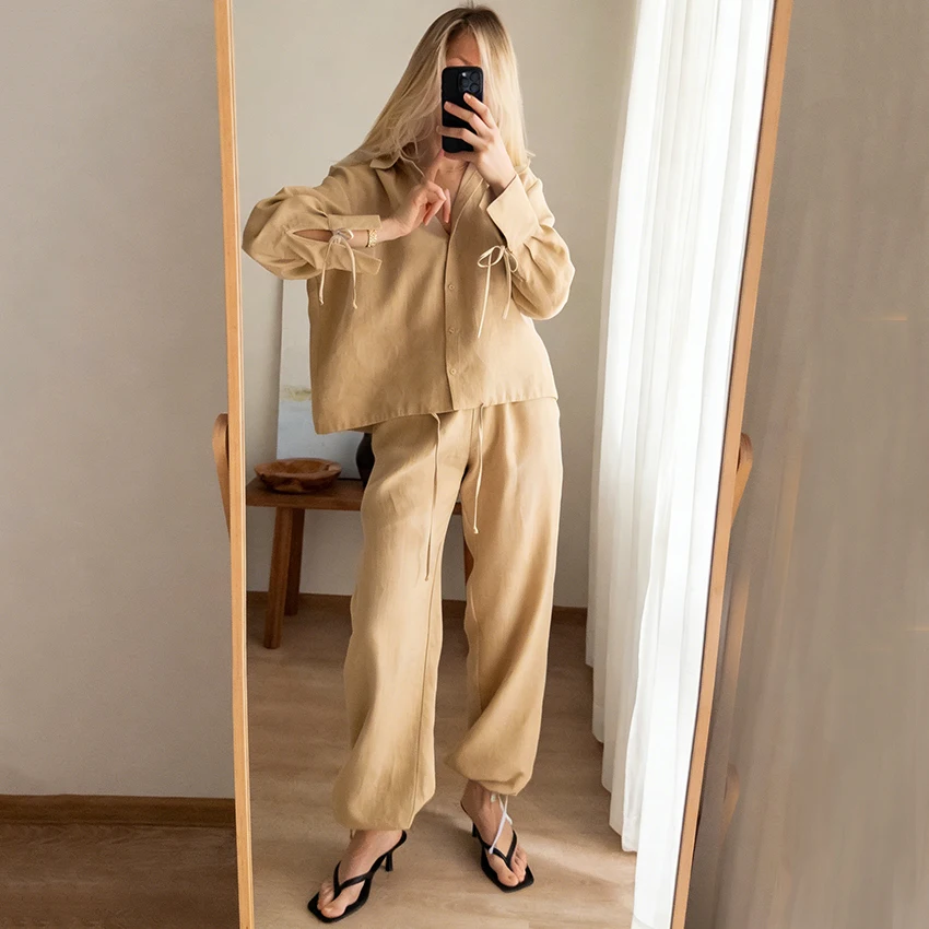 

Linad Office Lady Khaki Loose Trousers Suits Casual Drawstring Pants With Turn Down Collar Shirts Two Piece Sets Women 2026