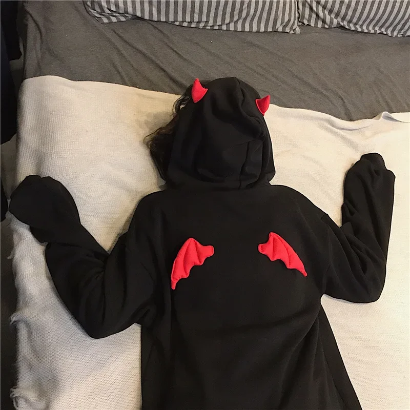 Winter Korean Harajuku Hoodies Devil Horns Gothic Hooded Sweatshirts Women Demon Fly Wings Baggy Pullovers Tops Y2k Streetwear