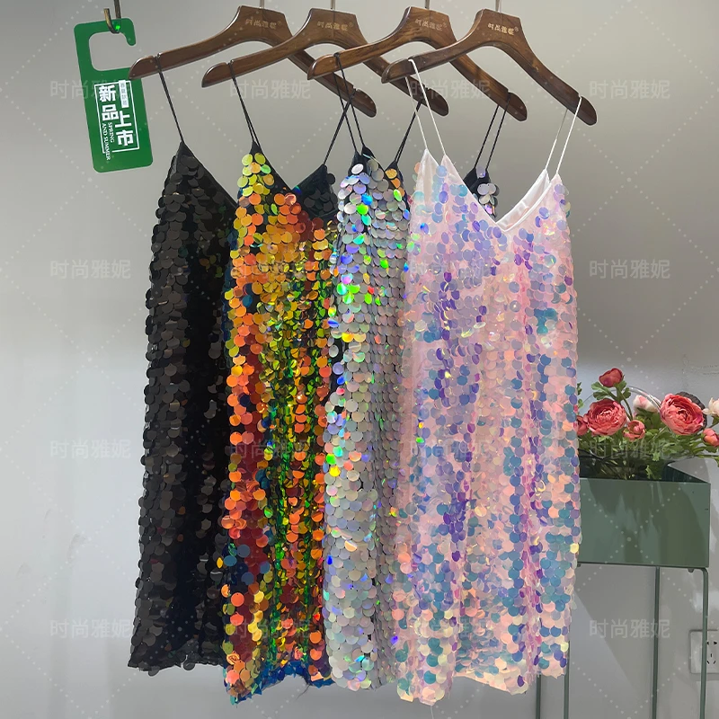 

Fashion European and American V-neck Suspender Dress Sparkling Big Sequins Slim Sexy Stage Performance Colorful Costumes