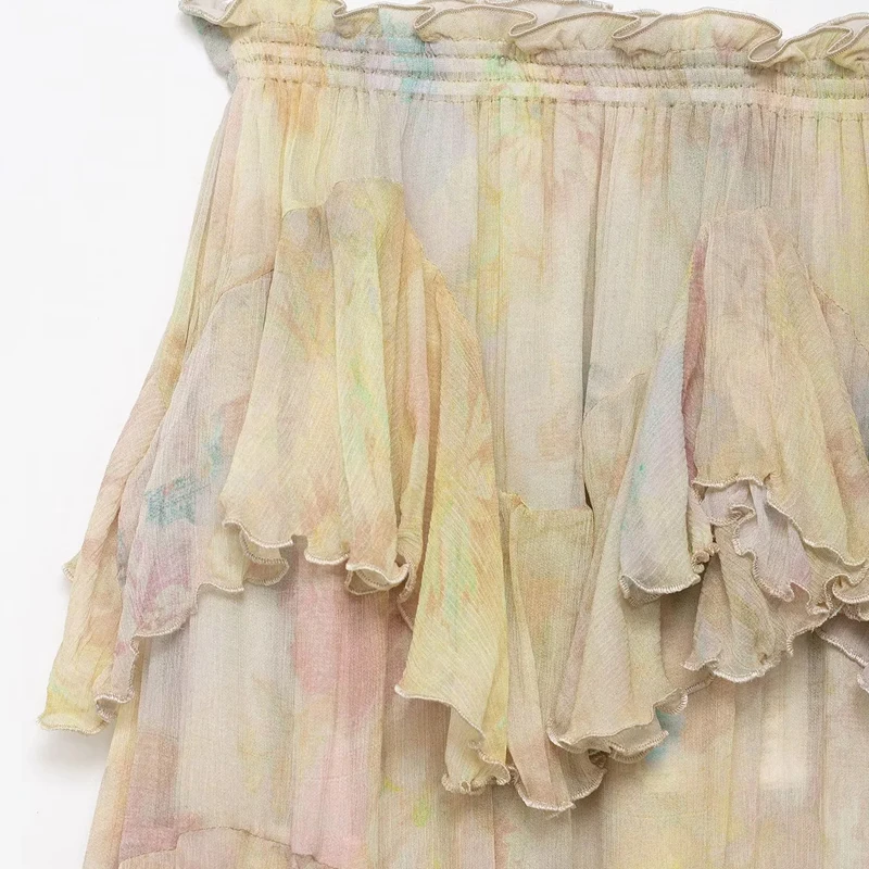 HXAO Print vrouwen Rok Zomer Ruche Lange Rokken Voor Vrouwen Plooien Gelaagde Midi Rok Fee Tule Asymmetrische Vrouwelijke Rok