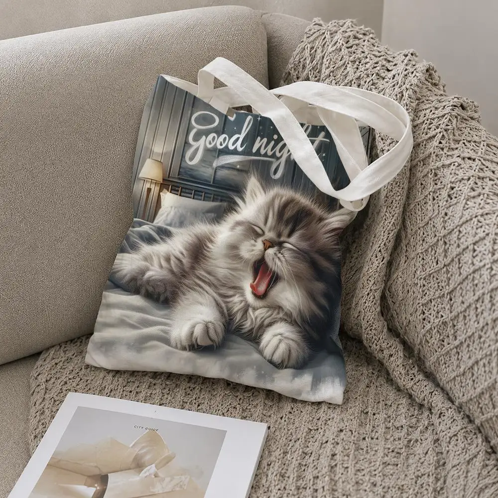 Sleeping Kitten Art Storage Bags Storage Bags Canvas Tote Bag Large Capacity Shoulder Fashion Eco Shopping Handbag