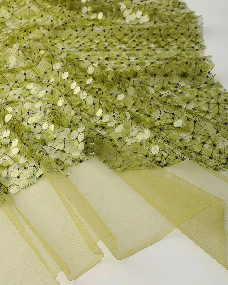 

1yard 3D bead embroidery sequin green mesh fabric diy Wedding dress cheongsam design fabrics for clothing