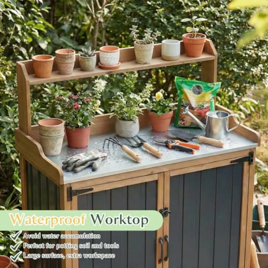 Outdoor Storage Cabinet with 4 Wheels and Handle, Metal and Wood Potting Bench Storage Cabinets with Waterproof Top, Removable