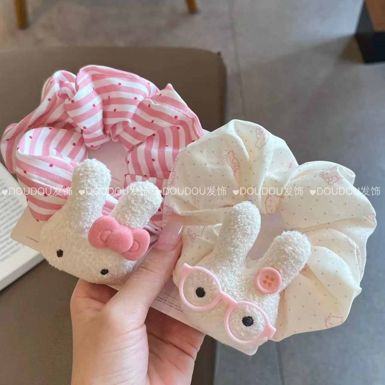 Cute White Rabbit Fabric Scrunchies Sweet Girl Hair Elastic Trendy Ponytail Bun Headwear Matching Christmas Present For Bestie view 4
