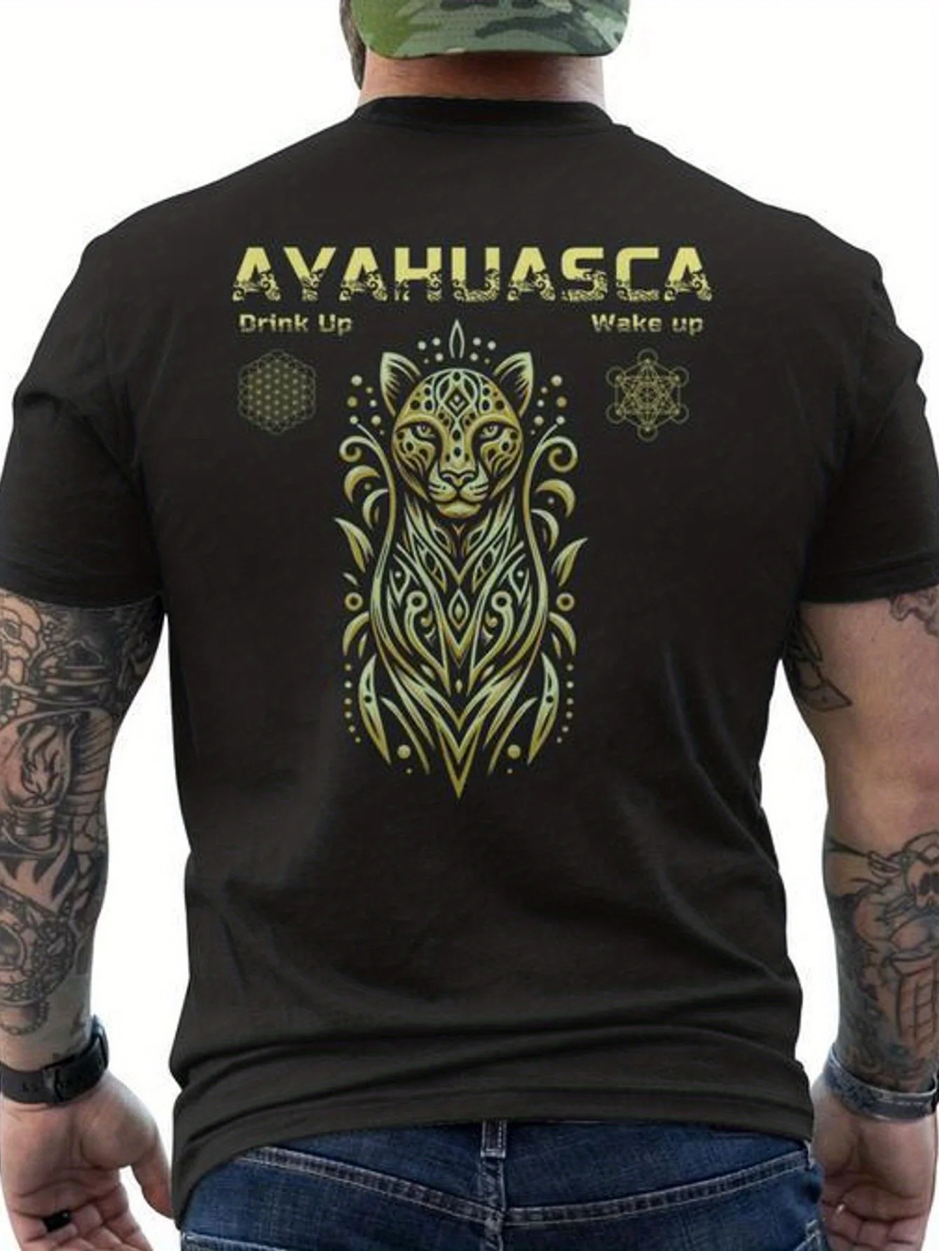 Men's Ayahuasca for JAGUAR Shipibo Sacred Geometry T-Shirt Shamanic Plant Medicine Design with Back Print Crew Neck Short Sleeve