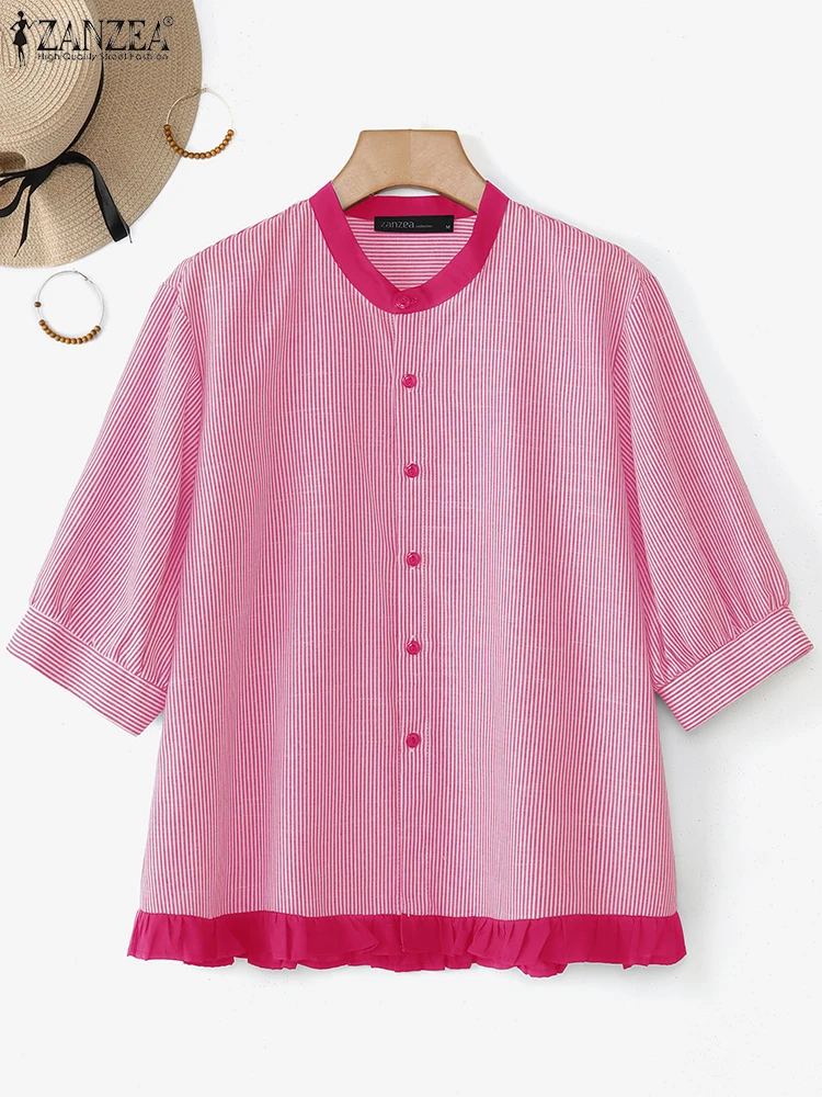 

ZANZEA Patchwork Shirts Women Casual Loose Striped Tops 2025 Bohemian Printed Work Blusas Fashion O Neck Lantern Sleeve Tunic