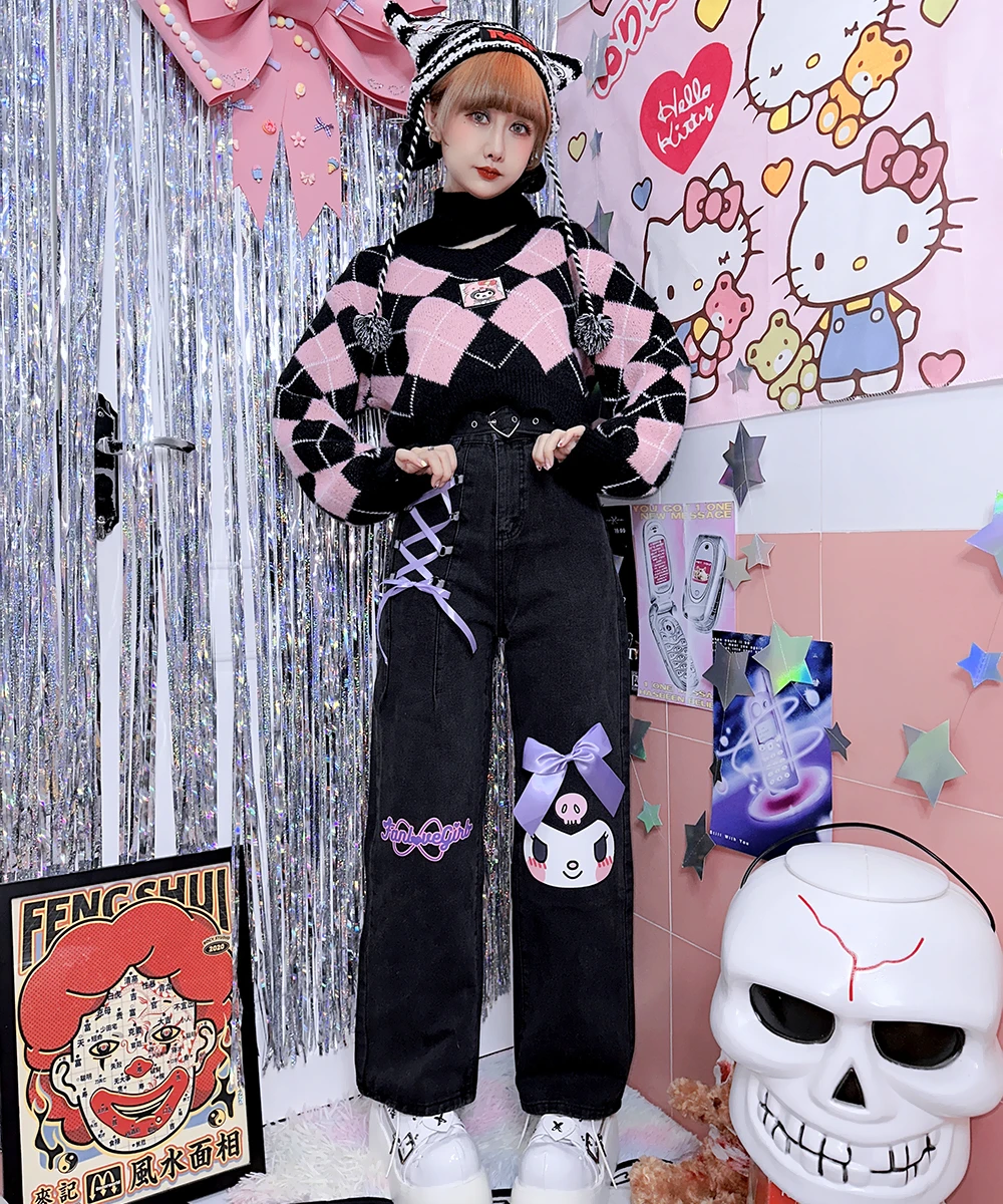 Japanese Harajuku Cute Bow Tie Cartoon Casual Student Jeans Girly Kawalii  All-Match Ninth Pants Women Black Straight-Leg Pants