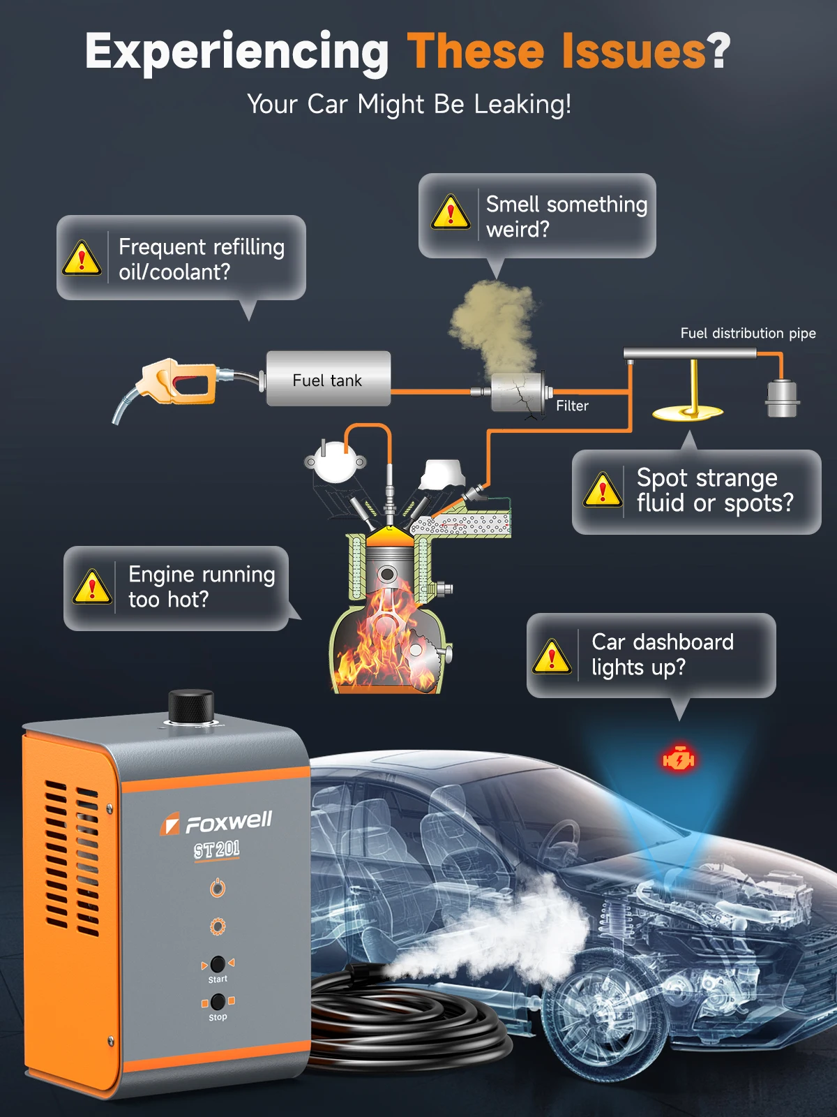 FOXWELL ST201 Automotive Smoke Machine Leak Detector with Built-in Air Pump 0.8-1.2Bar EVAP Smoke Machine Leakage Detection Test