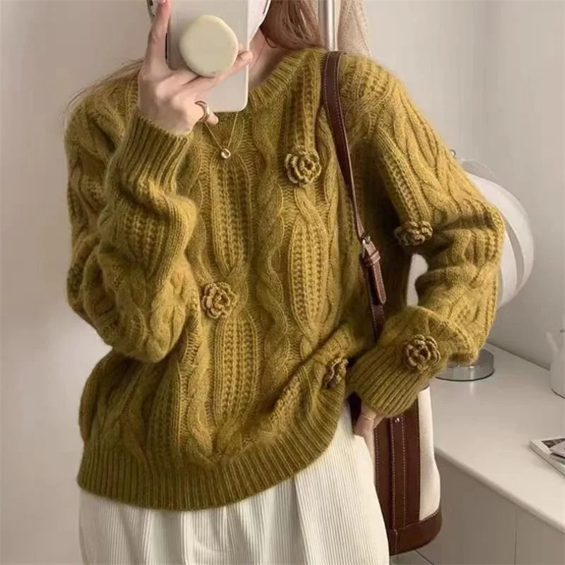 3d flower twist pull Sweater Korean sweet knit loose knitted pullovers femme slouchy style Knitted Sweater Women winter tops