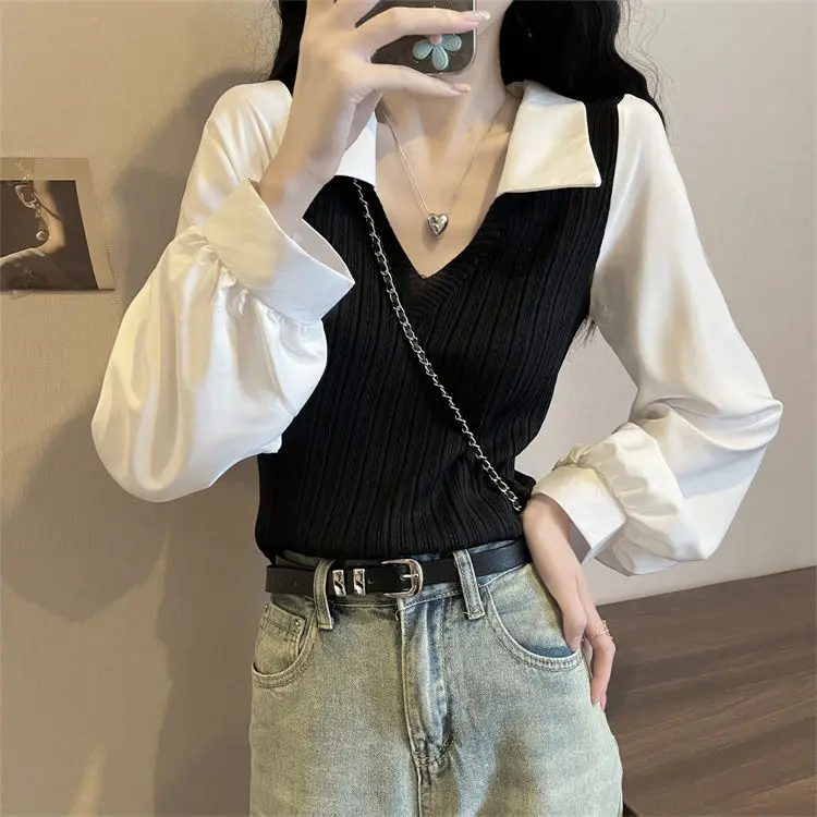 Long Sleeve Funny Women T Shirts Y2k Clothes Fashion Korean Style Female Harajuku Top Puff Turn Down Collar Streetwear Girl Tee