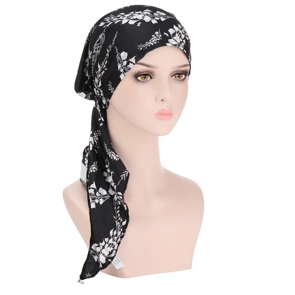 Muslim Women's Hijabs Floral Print Pre Tied Headscarf Cap Women Tassel Stretchy Head Wrap Hair Accessories