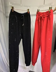 Babysbreath Hot Drilling Harem Pants Women Autumn Winter Full Diamonds Casual Sports Pants Thicken Fleece Warm Long Trousers