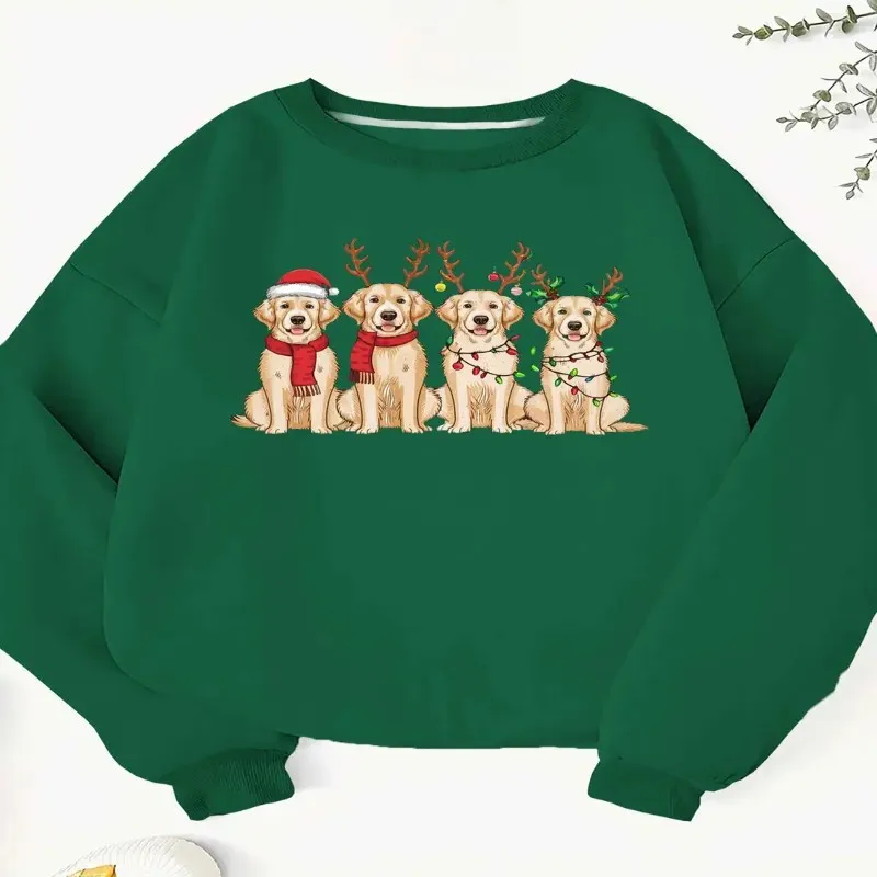 

Fall Winter Clothes Female Oversize Sweatshirt Women Plus Size Holiday Four Adorable Golden Retrievers Long Sleeve Round Neck