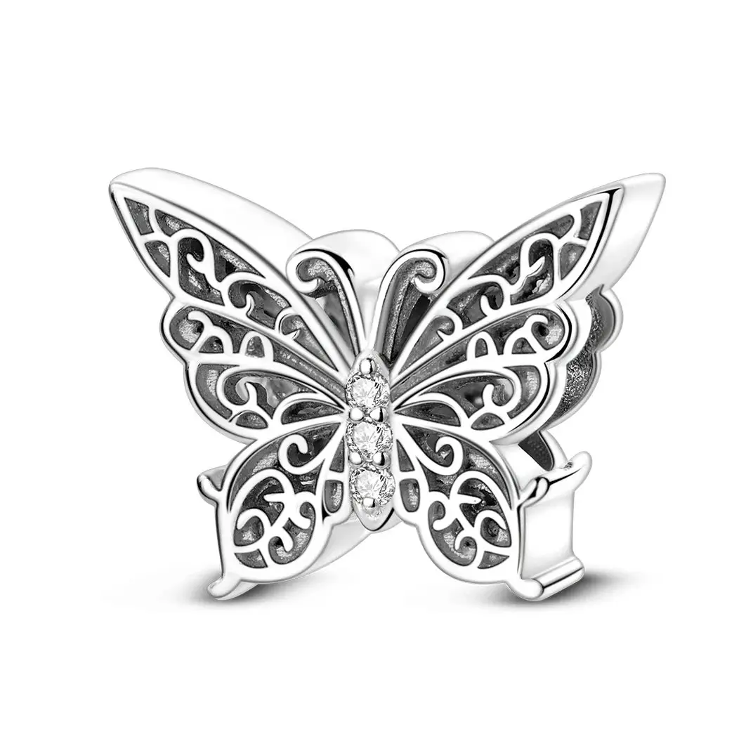 

Butterfly 925 Silver Bead Fit Bracelets Charms DIY Hollow-out Bead For Lady Fine Jewelry