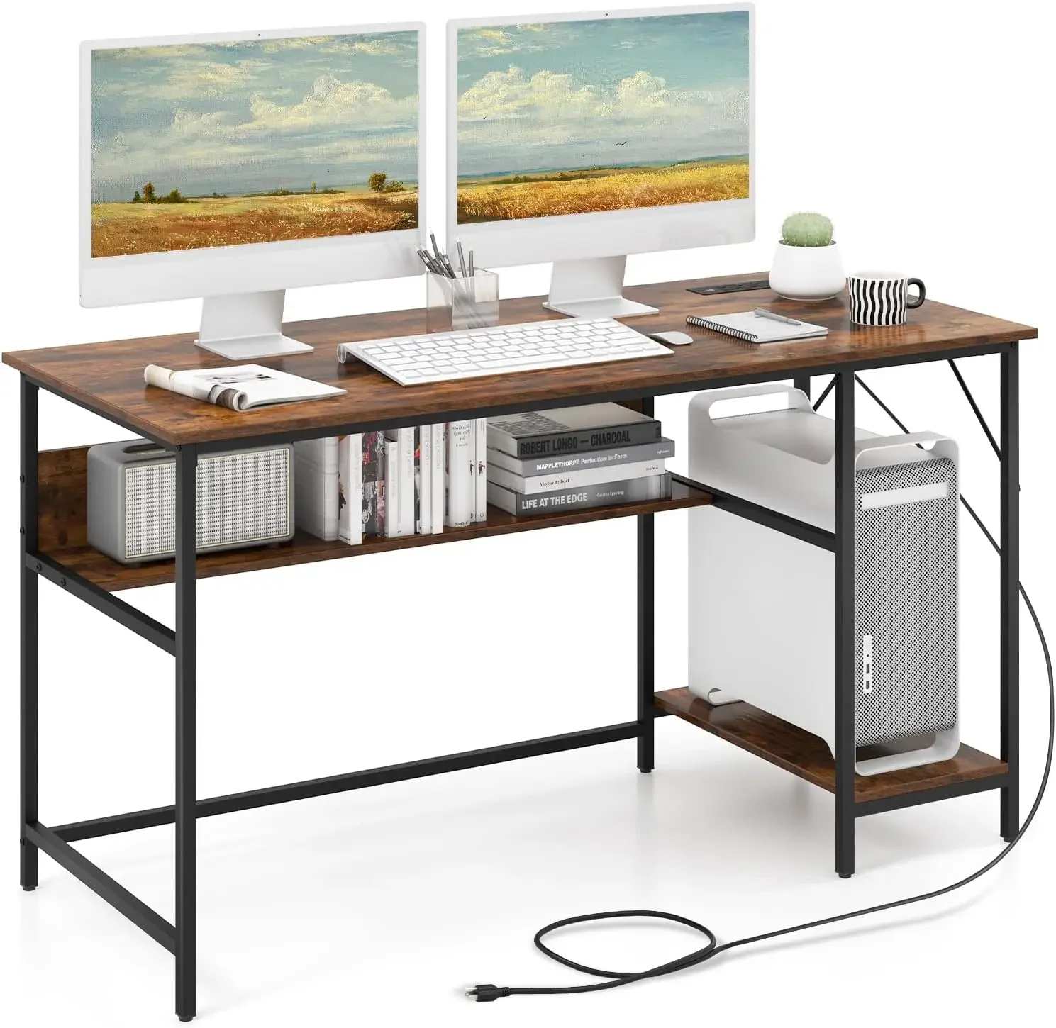 Home Office Desk with Built in Charging Station with Switch, Computer Workstation Writing Study Desk with Storage Shelf