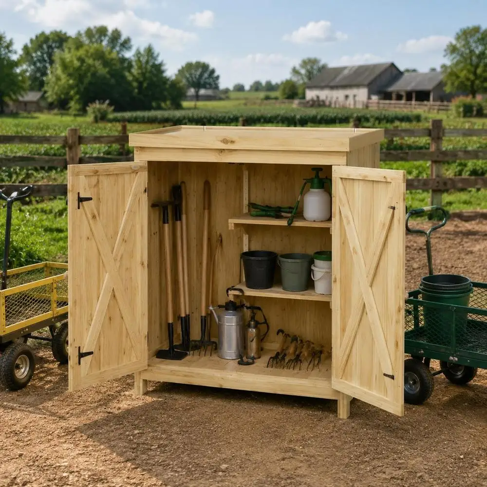 Armoire de rangement de jardin en bois massif et métal galvanisé, organisateur de patio extérieur avec étagères, style moderne et minimaliste pour balcon et terrasse, finition bois naturel, XX cm