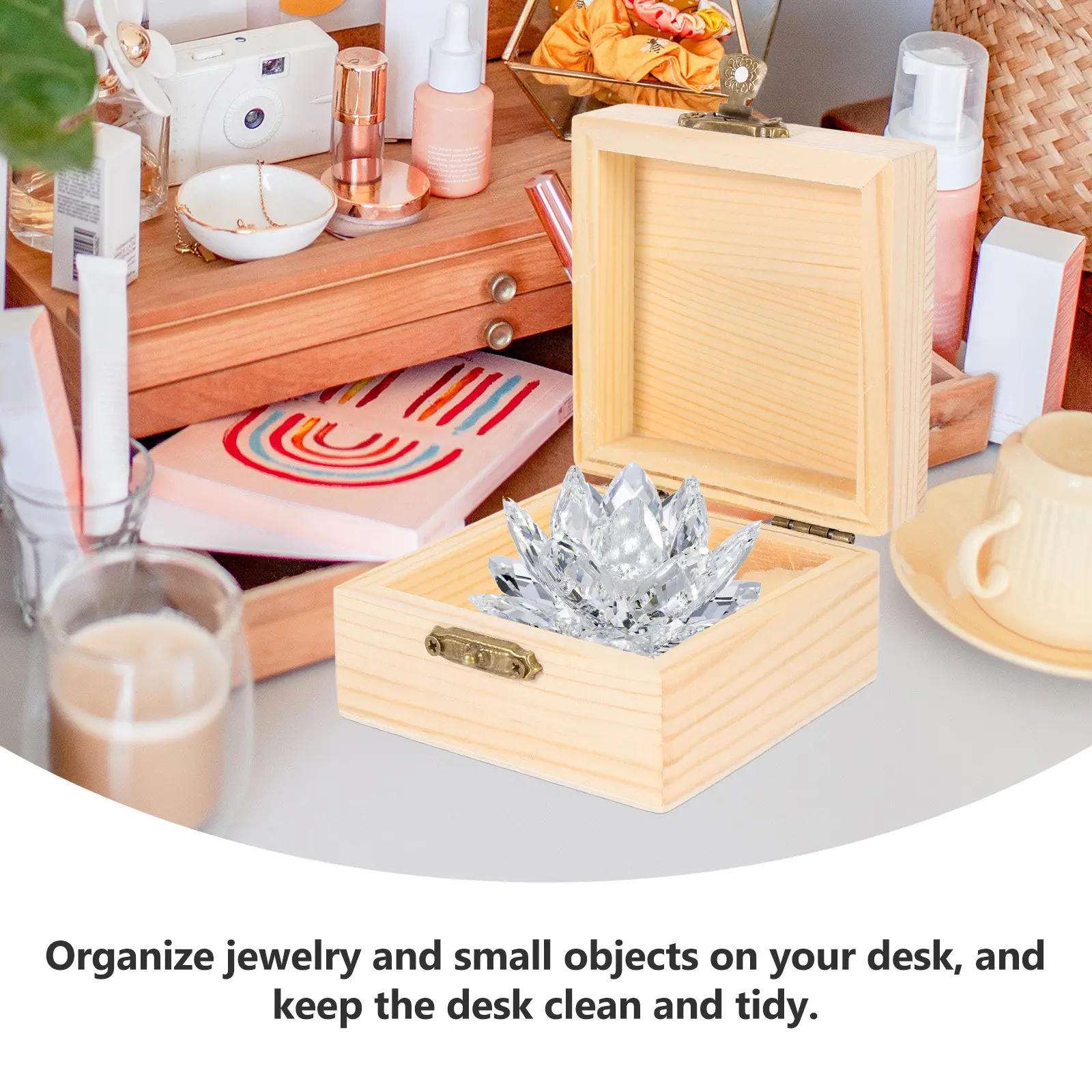 

4Pcs Square Natural Solid Wood Jewelry Box Hand Polished Smooth Retro Lock Design for Wedding Birthday Festival Gift Storage