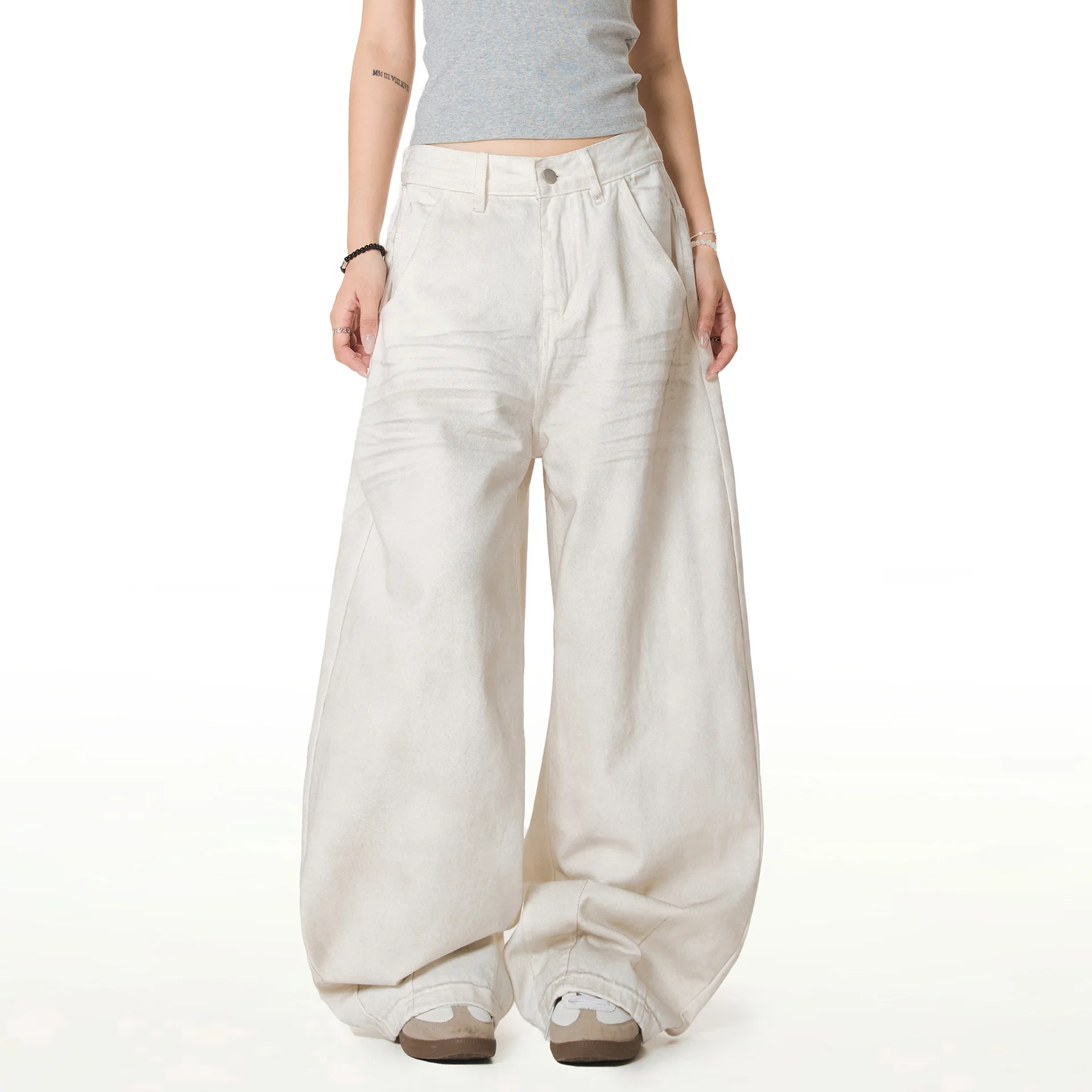 OR FL Women's Retro Aging Cat Whiskers Scratch Mark Dirty Pants White Wide Leg Curved Knife Pants Baggy Slacks Women Y2k