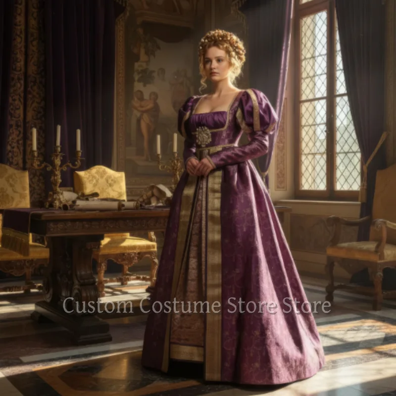 

Индивидуальный пошив: Винтажное фиолетовое вечернее платье в стиле Регенси XVIII века с пышными рукавами и А-образным подолом, театральный костюм для выступлений и выпускных вечеров