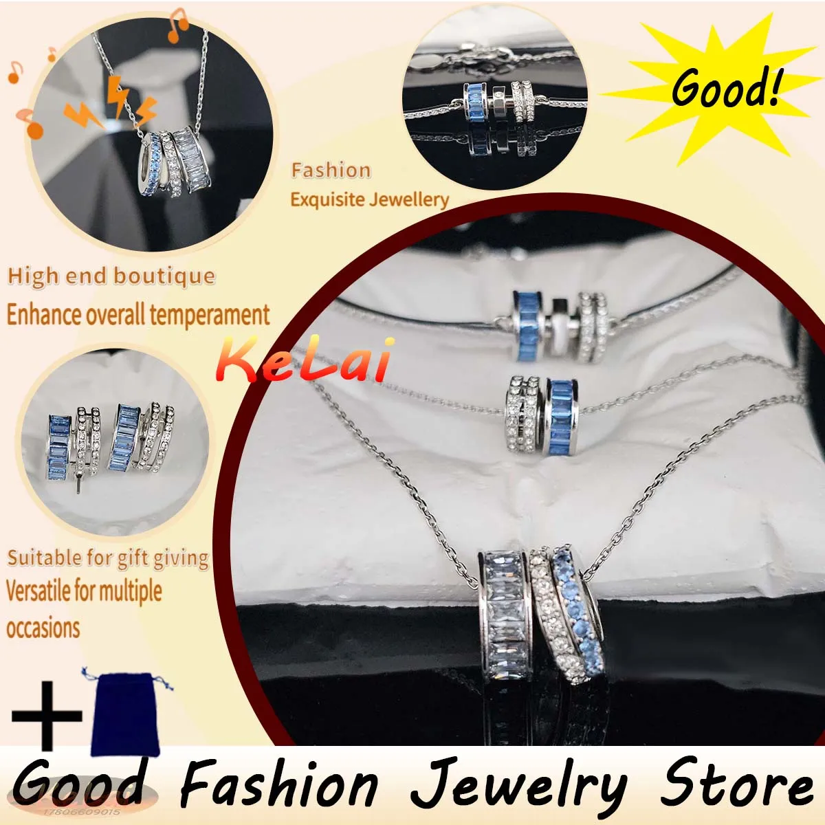 

2025 Elegant Fashion Light Luxury Crystal Transport Three Ring Blue Diamond Earrings Bracelet Necklace Jewelry Set Gift
