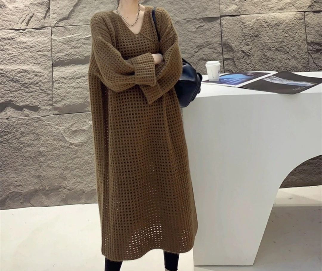 

2025 Autumn and Winter New Knitted Sweater Lazy Style V-neck Loose Dress for Women