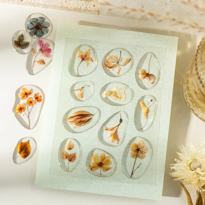 1 Packung/2 Papck 6 Designs Getrocknete Blumen Thema Klare Harz Aufkleber Nature's Echo Serie Scrapbook Collage Dekoration Aufkleber
