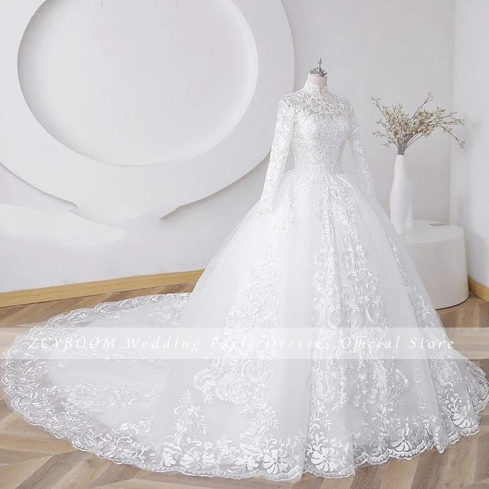 Vestido de novia musulmán de manga larga con Apliques de encaje y cuello alto, vestido de baile hasta el suelo, cola de barrido, vestido de novia exquisito de tul 2024