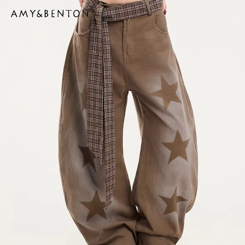 American Casual Plaid Belt Women's Sweatpants 2026 New High Waist Retro Design Loose Star Print Wide Leg Versatile Jeans Ladies
