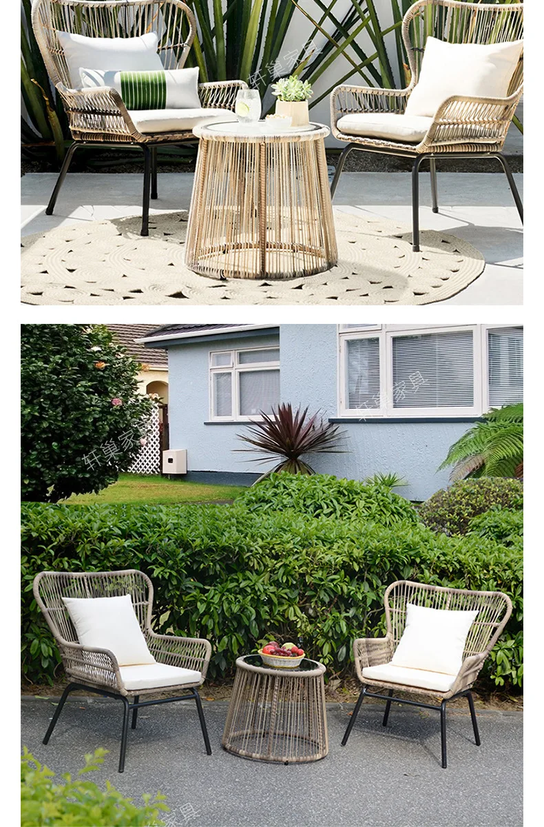 Customized rattan rope woven rattan chairs Tea table Hotel rattan woven outdoor furniture woven leisure chairs