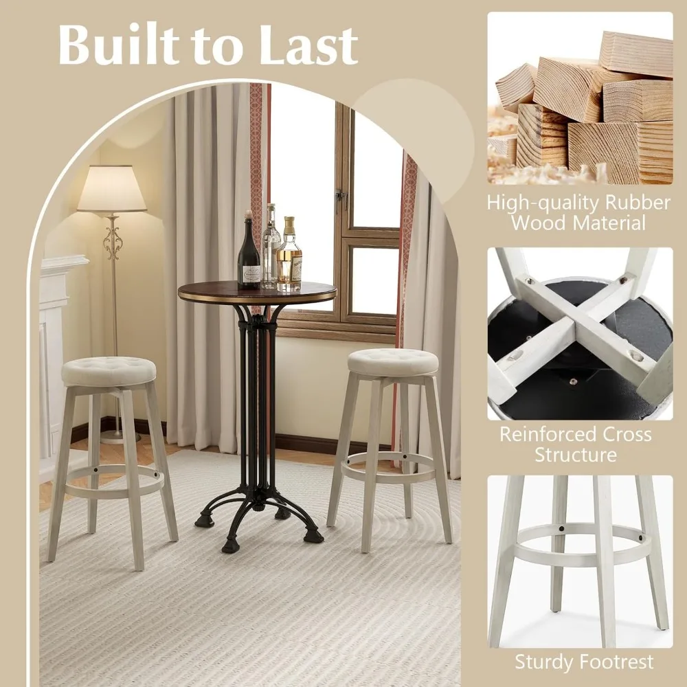 Set of 2 30 High Backless Swivel Bar Stools with Tufted Seats and Rubberwood Frame, Kitchen Counter Stools with Footrest
