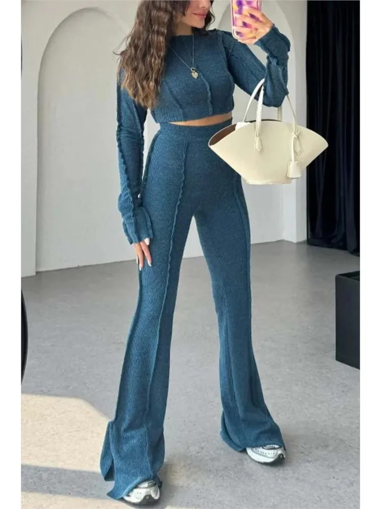 Women\'s Fashionable High-waisted Slim Solid Two-piece Sets Autumn Casual Long Sleeve Crop Tops Bell Bottoms 2 Piece Outfit Home