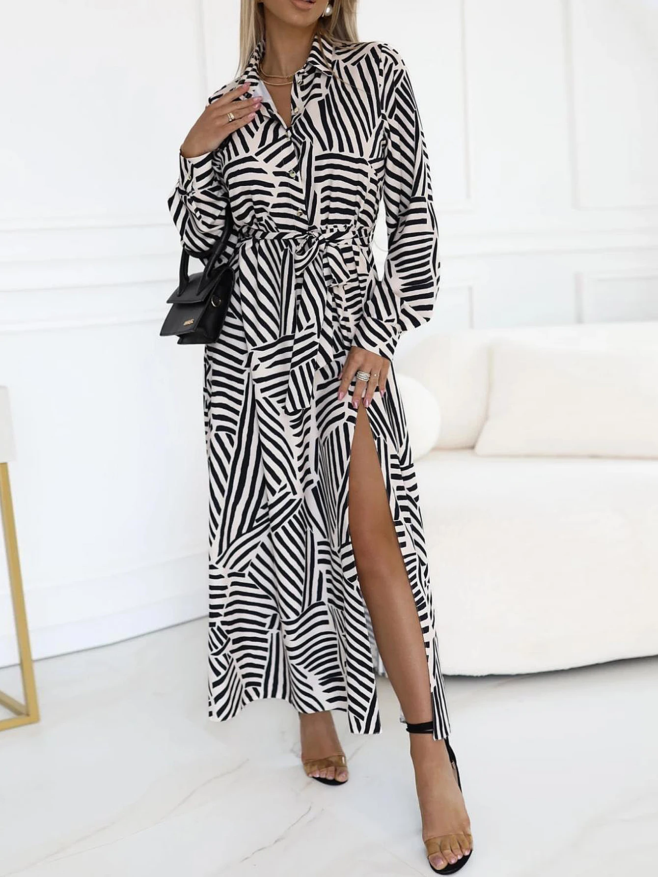 Vestido camisero midi para mujer, informal, a rayas, con un solo pecho, con cordones, abertura lateral, manga larga, cuello camisero, vestido de verano diario