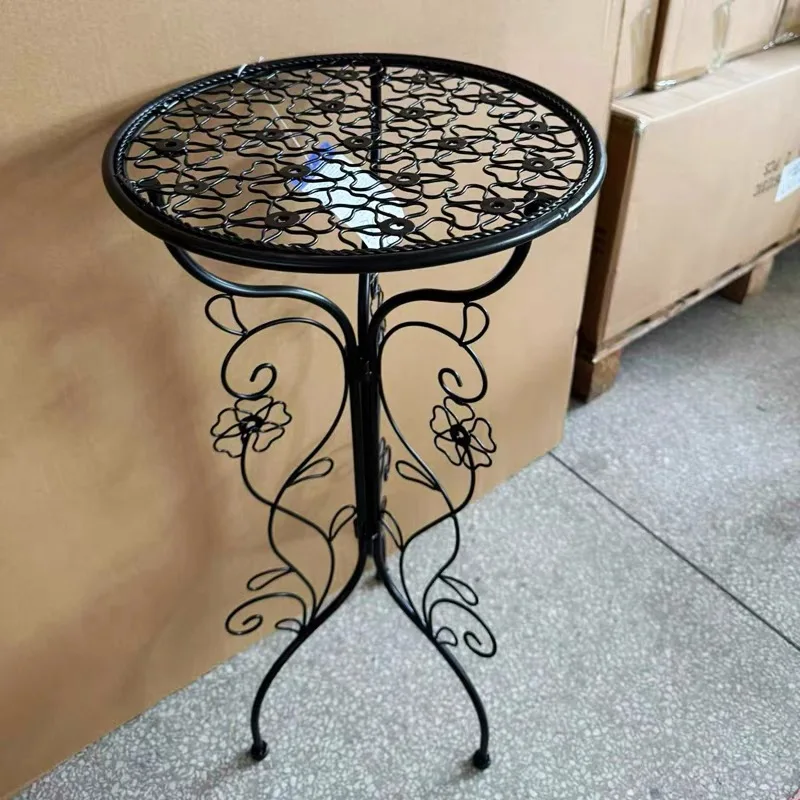 Vintage European Round Metal Plant Stand, Black Wrought Iron Flower Pot Display Table with Floral Scrollwork, 79cm Tall