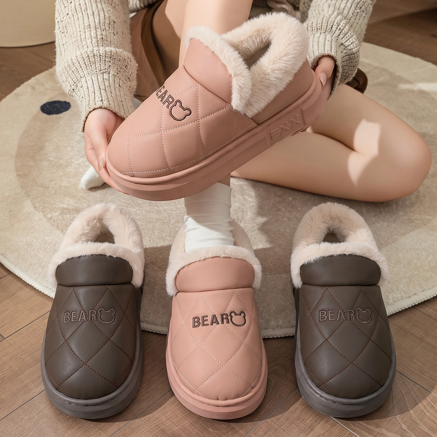 Winter Wasserdichte Hausschuhe für Damen und Herren, Warme Plüsch-Hausschuhe mit Dicker Sohle, Bären-Stickerei, Rutschfeste Indoor-Baumwoll-Fell-Schuhe – Detail 20