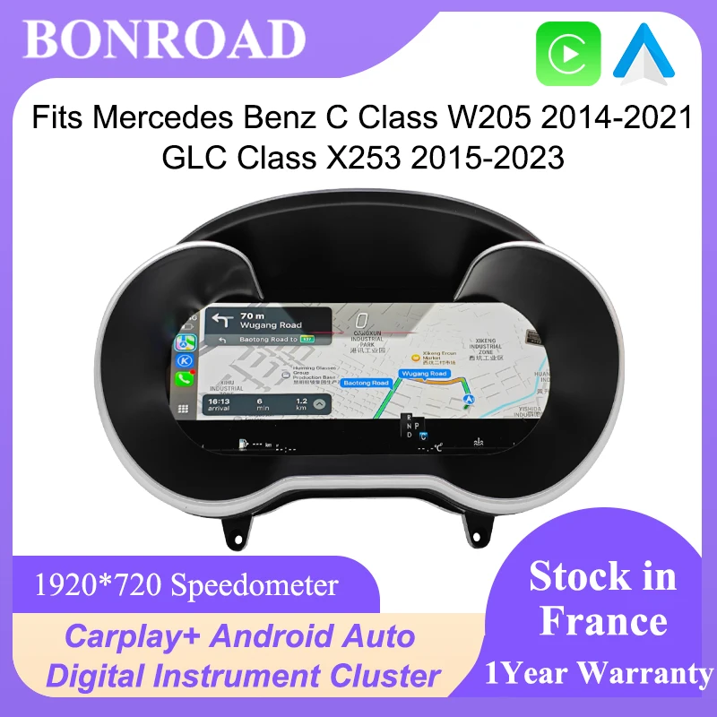 Tableau de bord numérique LCD Bonroad 12,3 pouces pour Mercedes Benz C GLC W205 X253 2013-2023, compteur de vitesse, cockpit virtuel