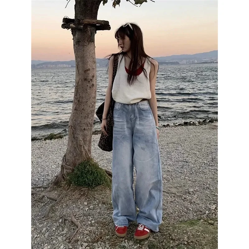 Blue Womens Jeans High Waist Vintage Straight Y2K Baggy Denim Pants Streetwear American Style Fashion Wide Leg Denim Trouser