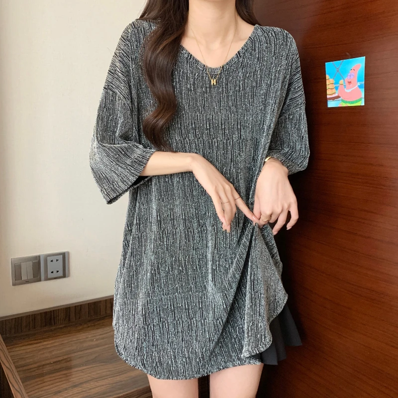 

Plus Size Women's Summer New Loose Fit Fashion Sweet V-Neck Sparkling Short Sleeve Top
