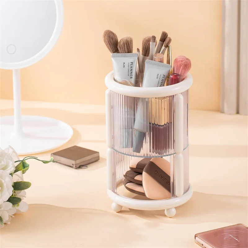 2 Tier Clear Cosmetic Brushes Tools Organizer Desktop Round Makeup Brushes and Sponge Puff Storage Box for Vanity Countertop