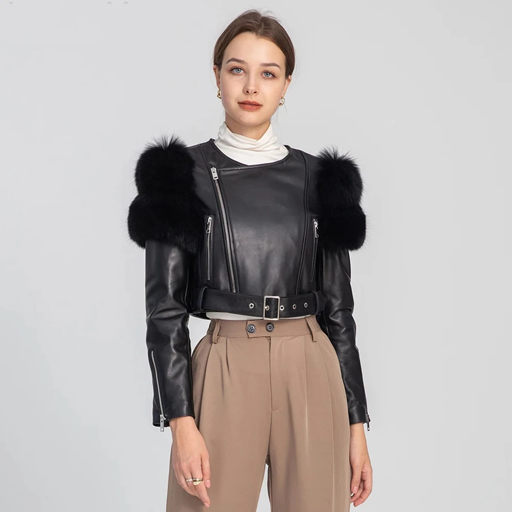 

Lady Leather Jacket Short Coats Real Fox Fur on Shoulders Bomber Jackets Zipper Belt Crop Coats 2023 Chic Streetwear 3626